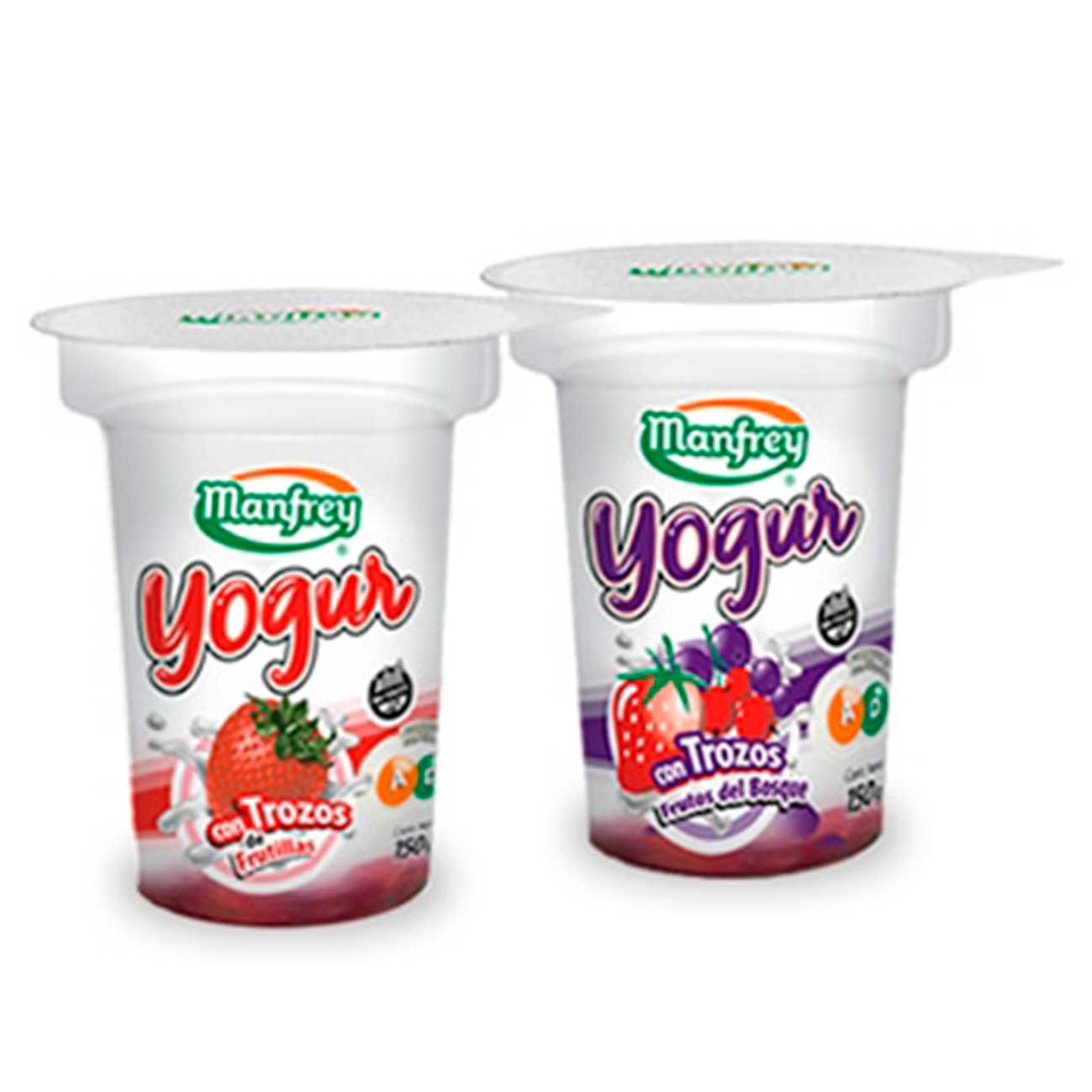 Yogur parcialmente descremado, endulzado, con trozos de fruta. Fortificado con Vitaminas A y D. Libre de gluten. Sin TACC MANFREY